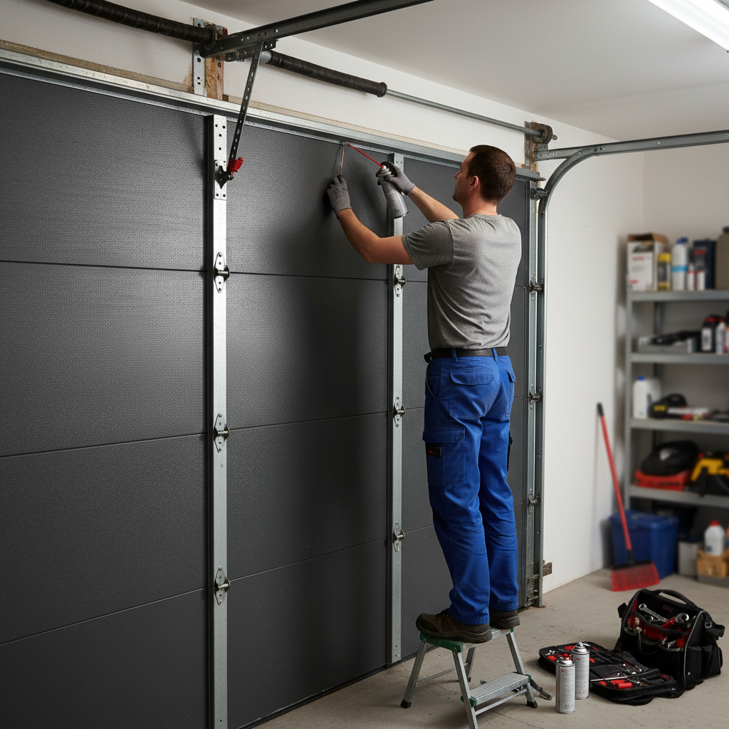 Noisy Garage Door Operation Fix In Wheeling Professional Lubricates The Garage Door Hinges.