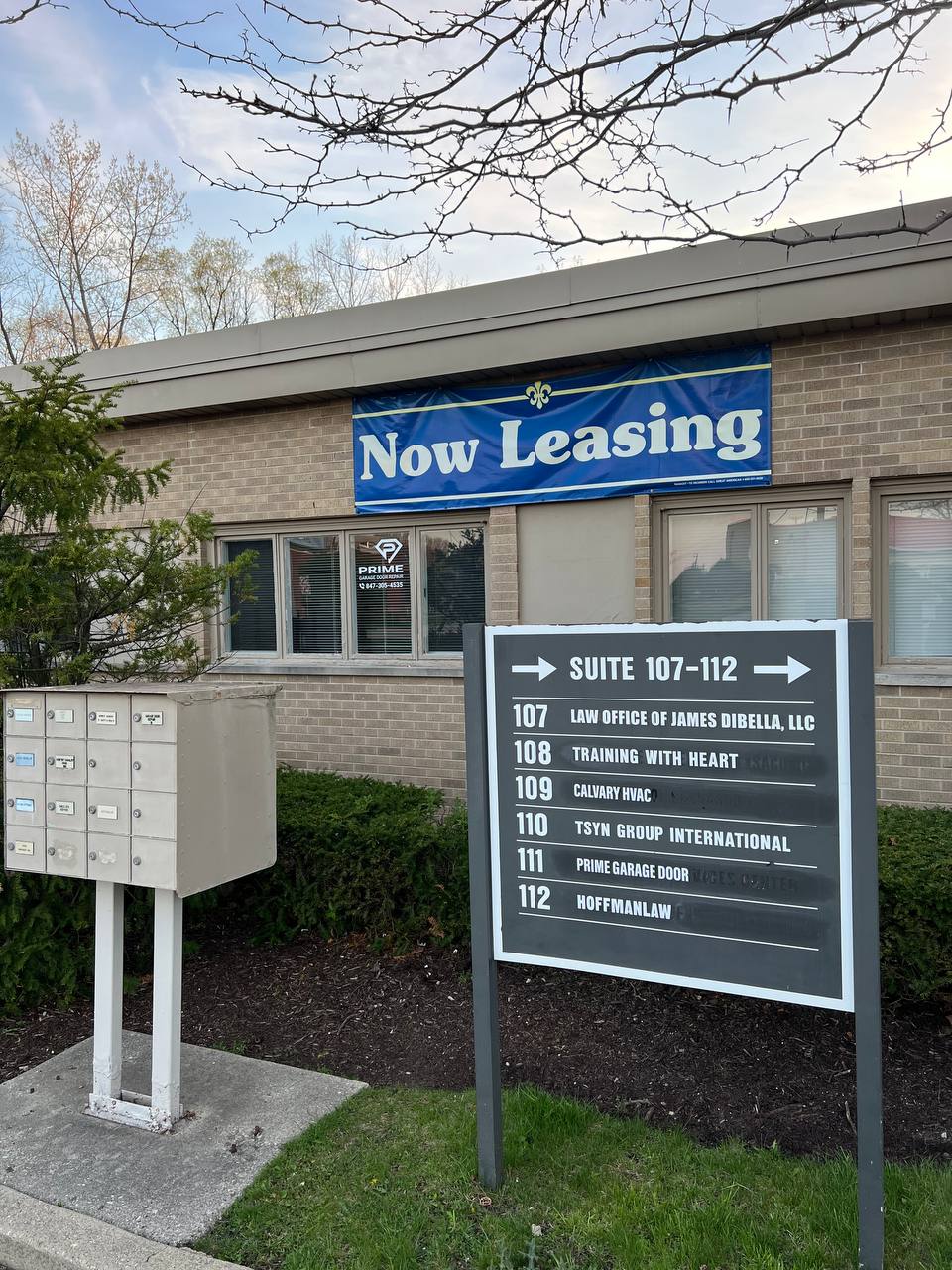 Prime Garage Door Repair Co. Headquarters Directory & Suite 111 Window at 25975 N Diamond Lake Rd, Mundelein, IL 60060