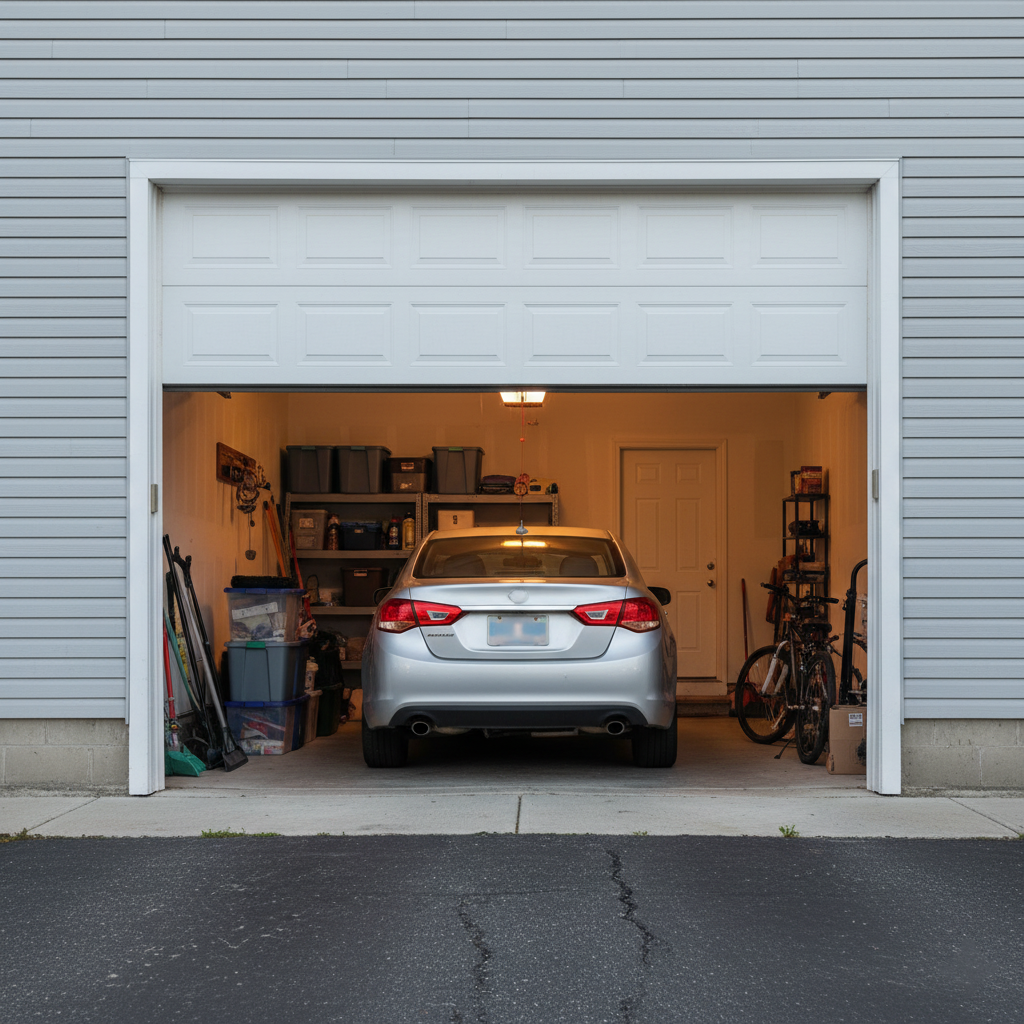 half-open garage door with a car