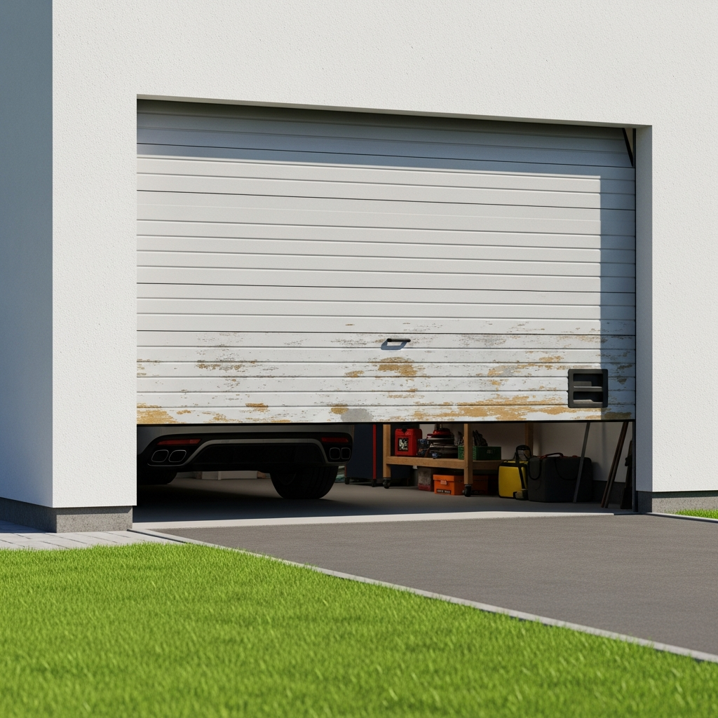 Halfopened garage door with car inside