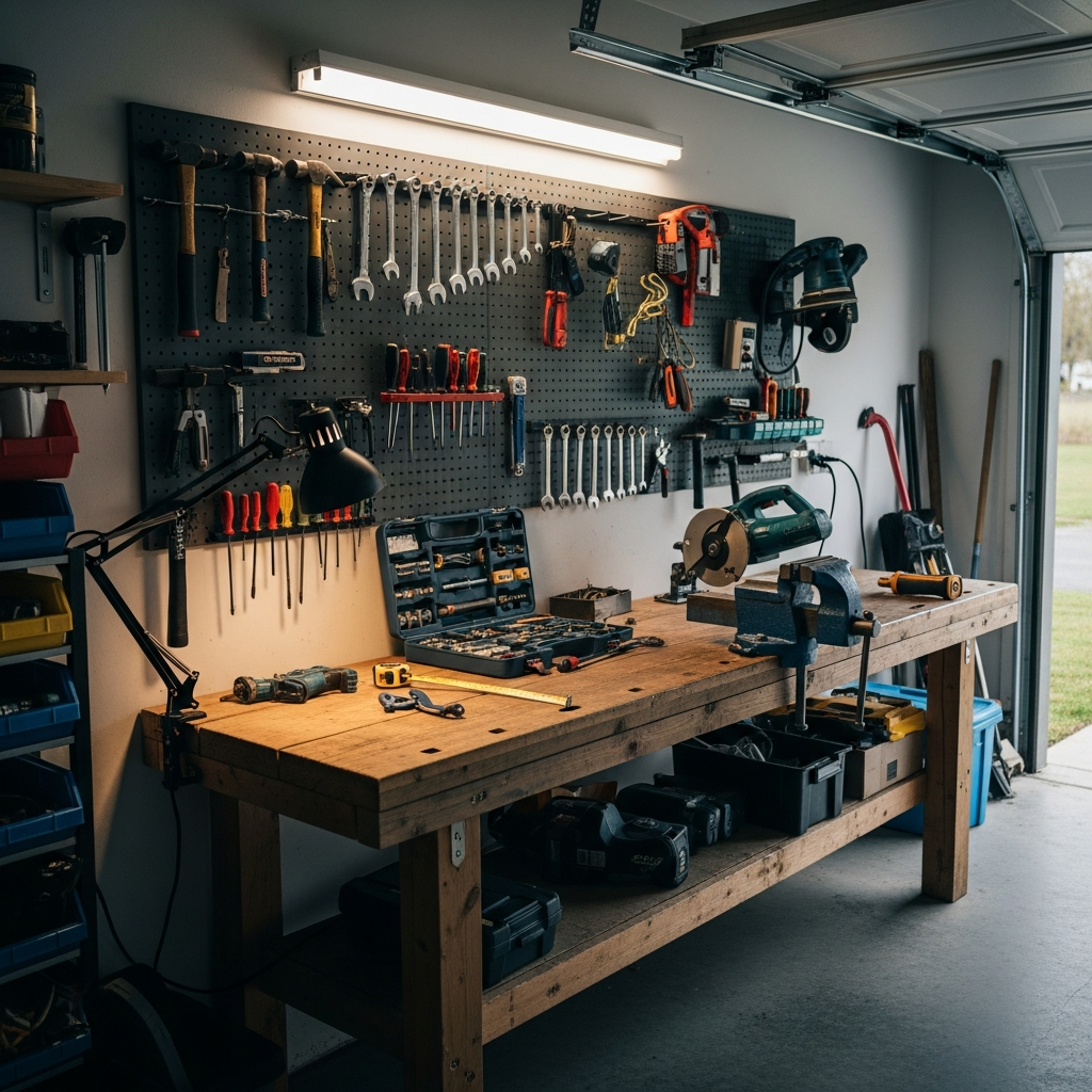 a table with tools in the garage