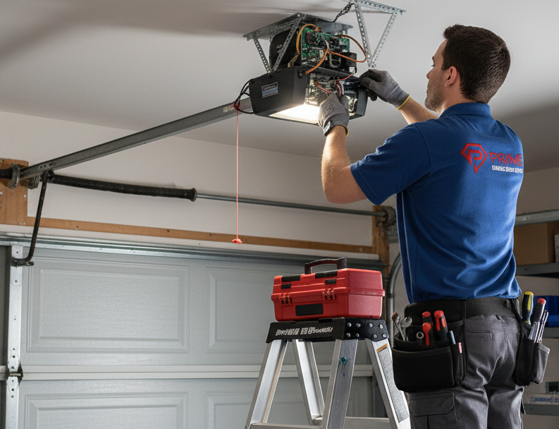 A Professional Checks The Functionality Of A Garage Door Opener