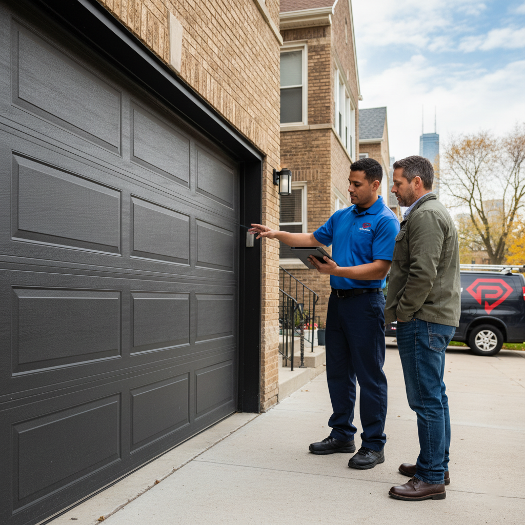 A Professional Consults A Client Against The Backdrop Of Garage Doors.