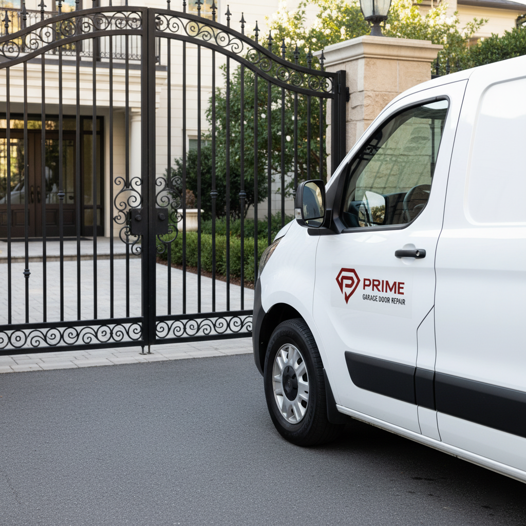 A White Car Is Parked Near The Automatic Gates.