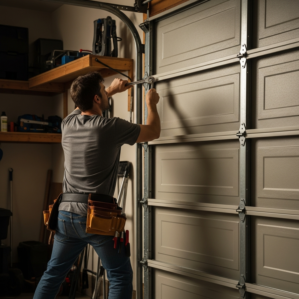 Homeowner Tightens Garage Door Bolts
