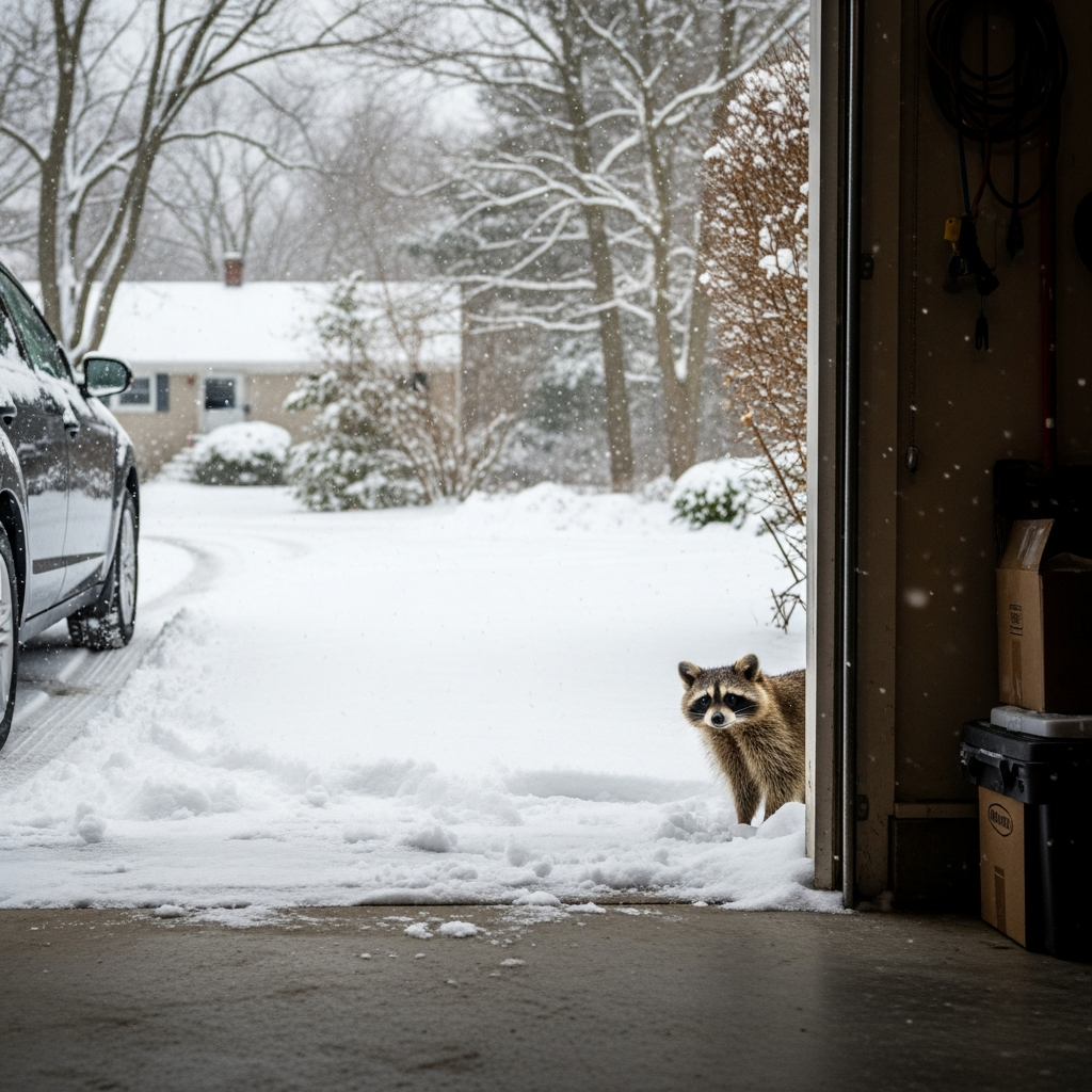 An Open Garage Door In Winter, With A Raccoon Outside