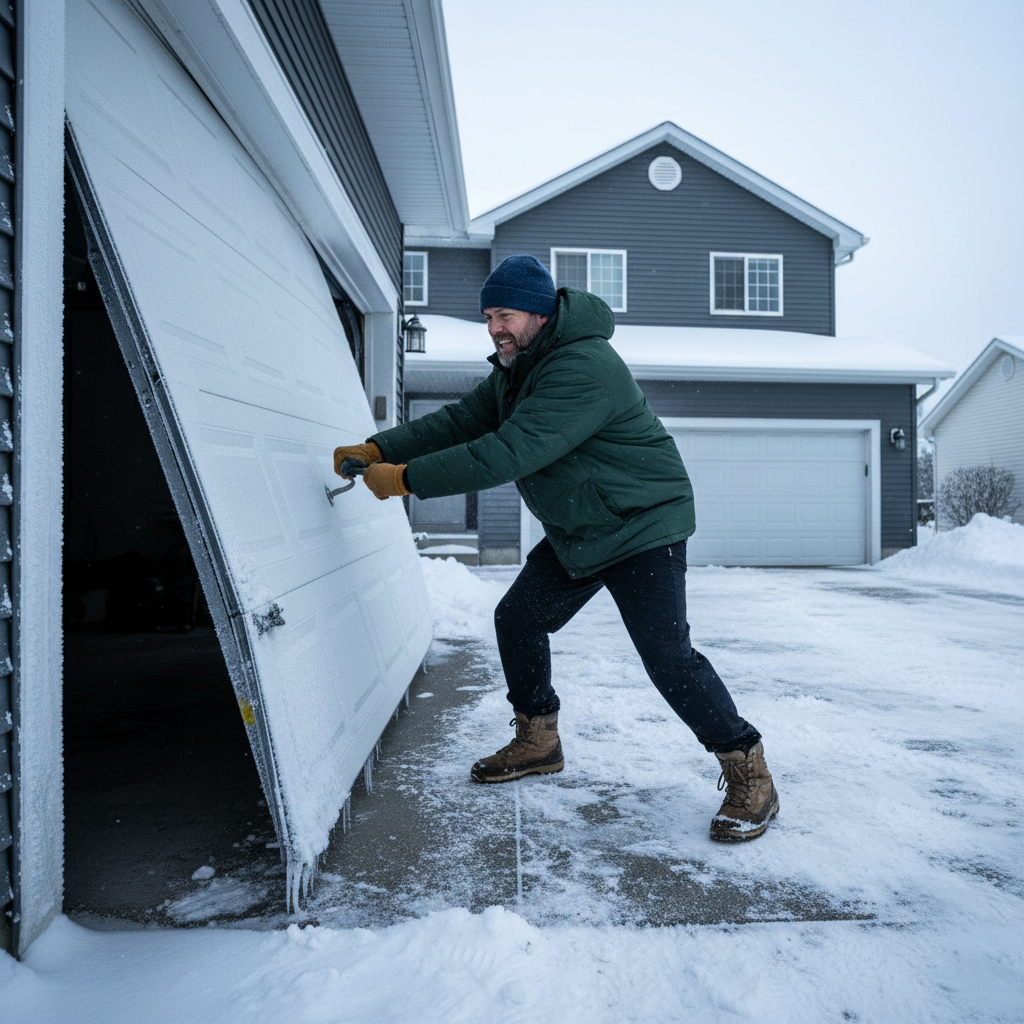 Homeowner Trying To Manually Lift A Garage Door That Is Stuck Halfway Open