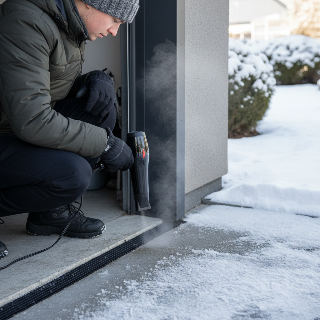 Homeowner Using A Hairdryer To Melt The Ice.