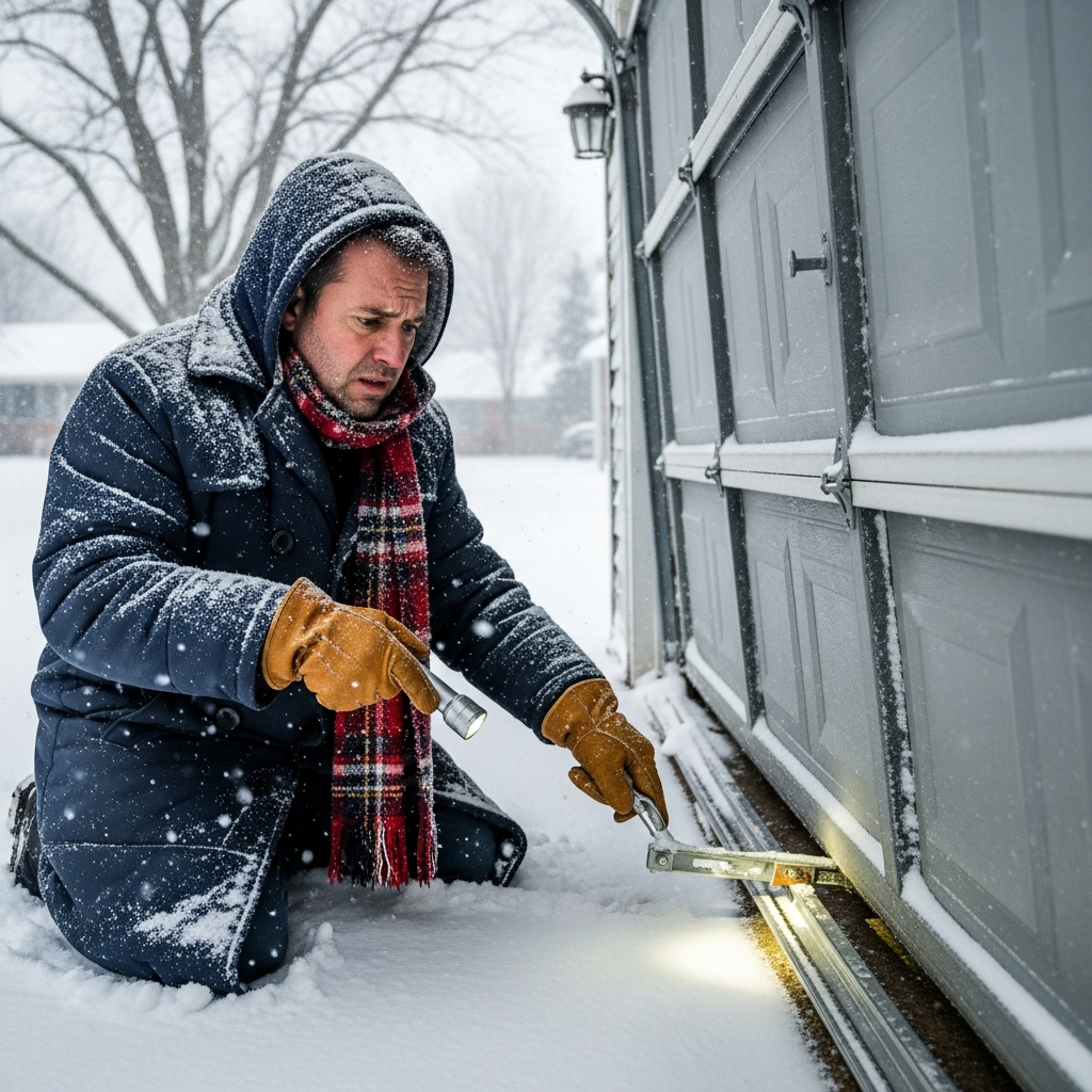 A Worried Homeowner  Inspecting A Stuck Garage Door