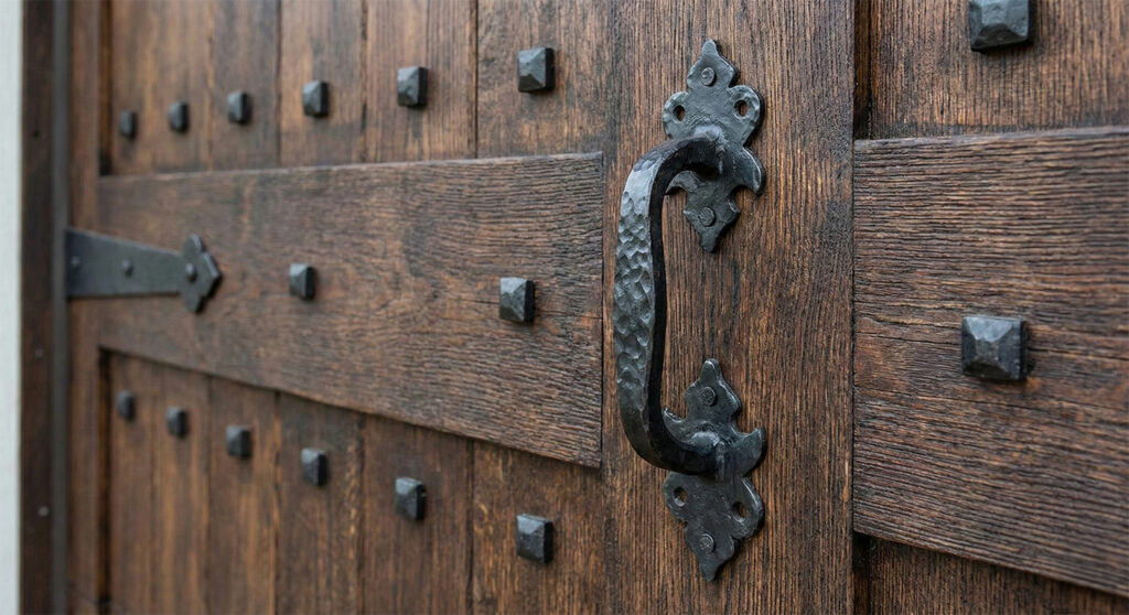 A Close-Up View Of A Rustic Wooden Door Featuring Decorative Black Iron Hardware, Highlighting Classic Types Of Garage Doors Accessories. The Project Was Led By Contractor Dmytro Shevchenko Of Prime Garage Door Repair. The Image Shows A Detailed Texture Of Stained Wood With A Forged Metal Handle And Square Studs, Emphasizing High-Quality Craftsmanship.