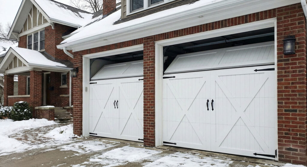 A Charming Brick Home In A Snowy Chicago Suburb Featuring White Carriage-Style Doors With Decorative Black Hardware, Showcasing Durable Types Of Garage Doors. The Winter-Ready Installation Was Led By Contractor Dmytro Shevchenko Of Prime Garage Door Repair. The Doors Feature A Classic X-Brace Pattern, Adding Historic Character To The Property.