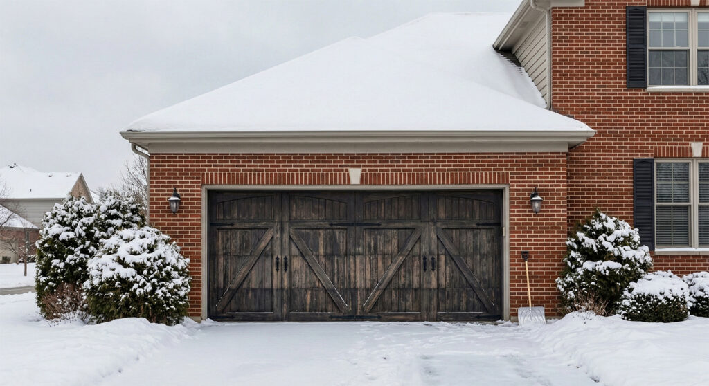 A Charming Brick Home In A Winter Setting Featuring A Wide, Dark Wood Carriage-Style Door, Showcasing Premium Types Of Garage Doors. The Installation Was Masterfully Led By Contractor Dmytro Shevchenko Of Primegdr. The House Is Surrounded By Snow, With The Dark Wood Panels Of The Garage Providing A Warm Contrast To The Red Brick Exterior.