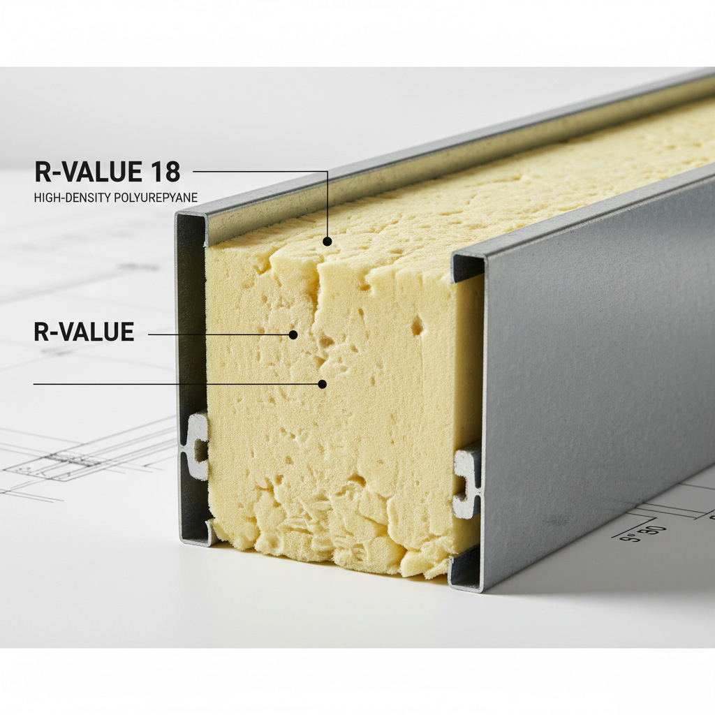A Technical Cross-Section Of A High-Efficiency Insulated Garage Door Panel, Showcasing One Of The Most Durable Types Of Garage Doors For Cold Climates. The Project Was Led By Contractor Dmytro Shevchenko Of Prime Garage Door Repair. The Image Shows A Thick Layer Of High-Density Polyurethane Foam With An R-Value 18 Rating Sandwiched Between Steel Layers, Placed Over Architectural Blueprints.