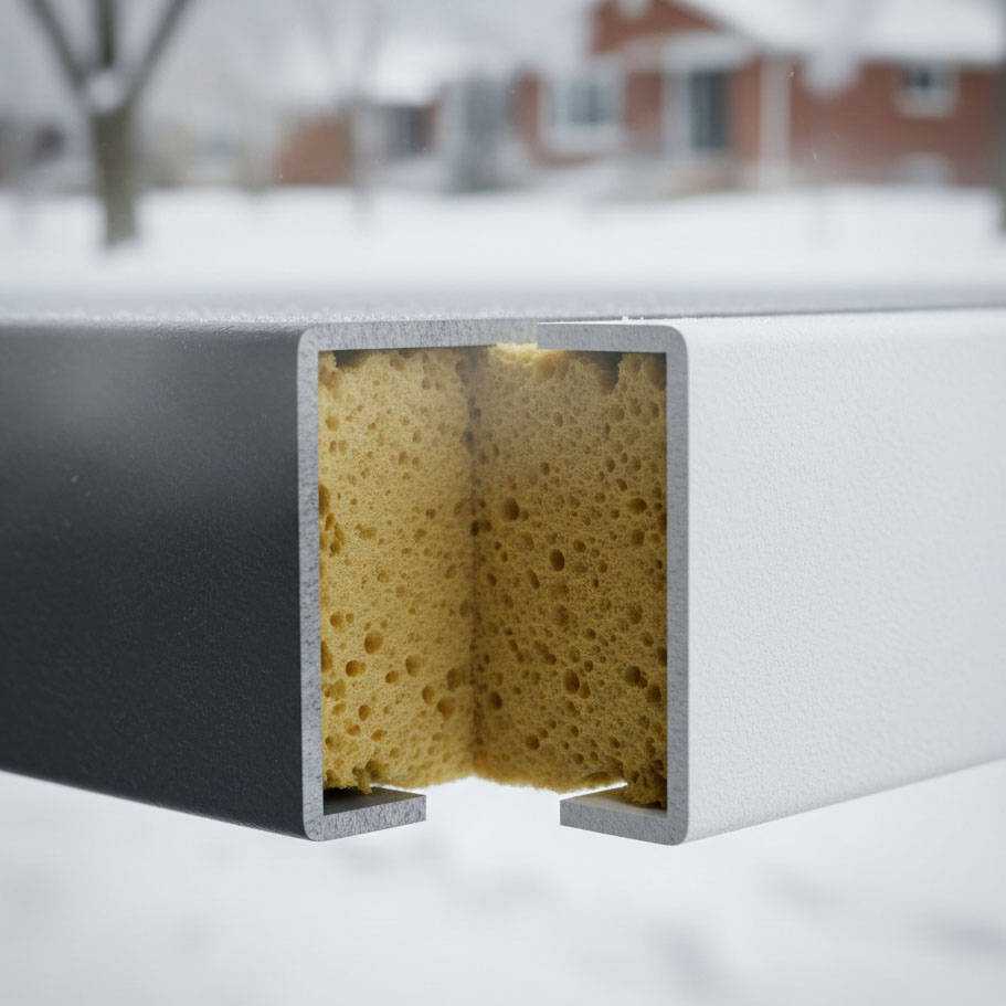 A Technical Close-Up View Of A Garage Door Panel Cross-Section, Revealing The High-Density Insulation Foam That Defines Energy-Efficient Types Of Garage Doors. The Expert Selection Of Materials Was Guided By Contractor Dmytro Shevchenko Of Prime Garage Door Repair. The Image Highlights The &Quot;Sandwich&Quot; Construction Essential For Northwest Chicago'S Cold Climate.