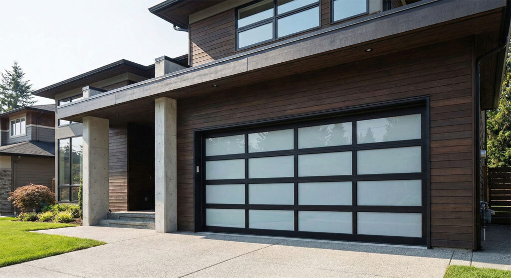 An Elegant Modern Home Featuring A Full-View Glass Garage Door With A Bold Black Frame, Highlighting Premium Types Of Garage Doors For Maximum Curb Appeal. The Project Was Masterfully Led By Contractor Dmytro Shevchenko From Prime Garage Door Repair. The Door'S Frosted Glass Panels Provide Privacy While Allowing Natural Light Into The Garage Space.