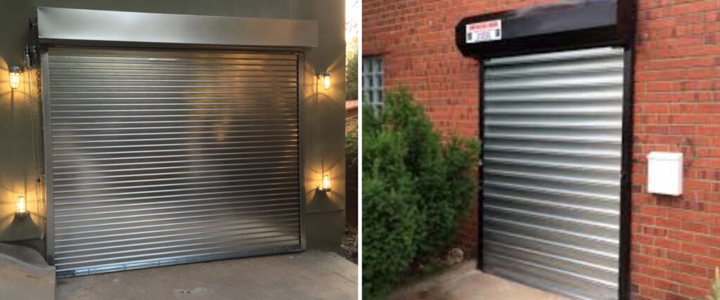 A Side-By-Side Comparison Of Compact Metal Roll-Up Doors Installed On Residential And Brick Exteriors, Demonstrating Various Types Of Garage Doors For High Security. The Installation Projects Were Led By Contractor Dmytro Shevchenko Of Prime Garage Door Repair. These Doors Feature A Sleek, Ribbed Design That Rolls Into A Compact Coil, Making Them Ideal For Homes With Limited Space In Chicago.