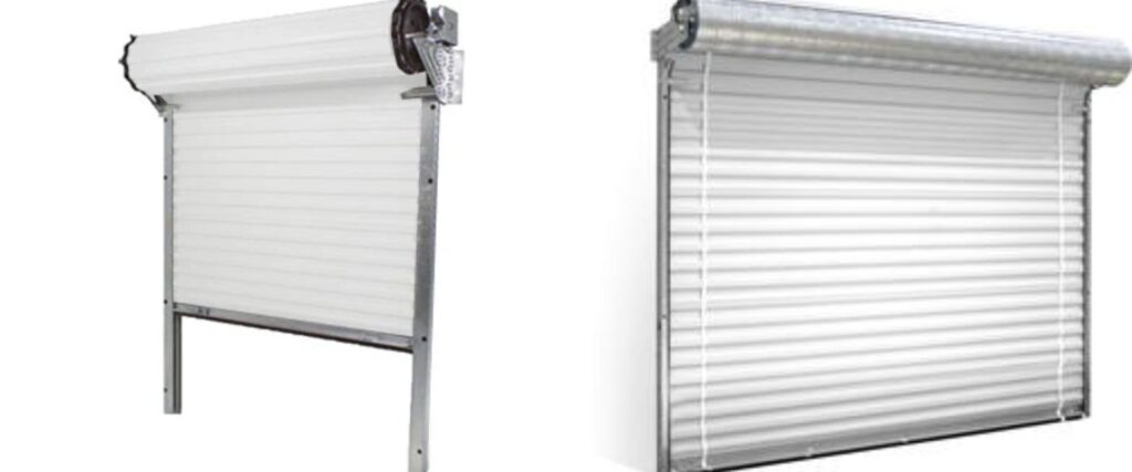 Detailed Product Views Of White Steel Roll-Up Models, Showcasing Specific Types Of Garage Doors Engineered For Low-Headroom Garages. These High-Quality Units Are Frequently Recommended By Contractor Dmytro Shevchenko From Prime Garage Door Repair. The Images Highlight The Overhead Canister Mechanism That Allows The Door To Operate Without Traditional Ceiling Tracks