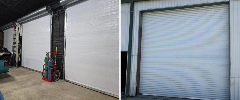 An Interior And Exterior View Of Heavy-Duty White Roll-Up Doors, Highlighting Durable Types Of Garage Doors For Large-Scale Or Commercial Applications. The Project Management Was Expertly Handled By Contractor Dmytro Shevchenko Of Prime Garage Door Repair. These Doors Provide Maximum Clearance And Robust Protection Against The Harsh Northwest Chicago Weather Elements.