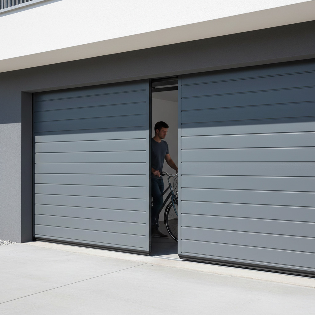 An Exterior View Of A Modern Grey Slide-To-Side Garage Door Partially Opened For A Person With A Bicycle, Showcasing Functional Types Of Garage Doors. The Project Was Led By Contractor Dmytro Shevchenko From Prime Garage Door Repair. This Side-Sliding Mechanism Allows For Easy Pedestrian Access Without Fully Opening The Entire Garage Entrance