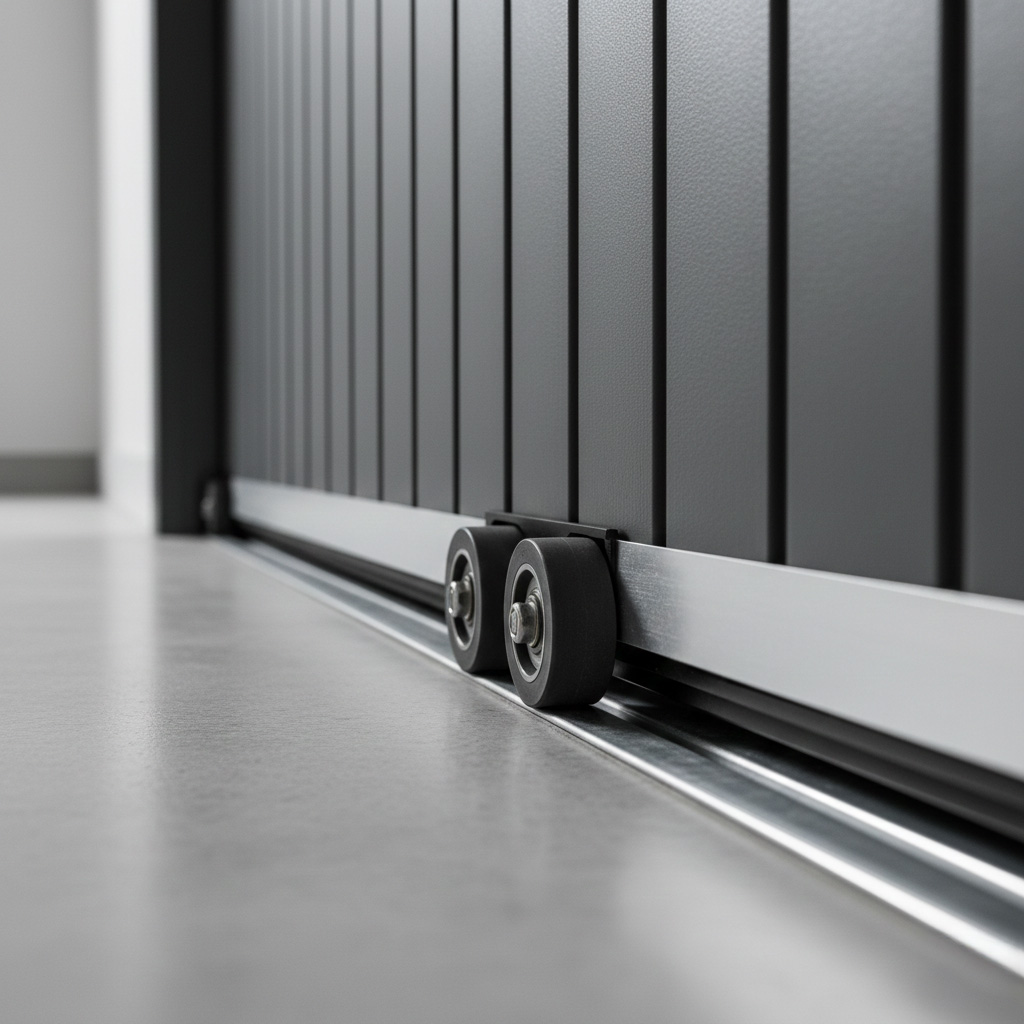 A Technical Close-Up Of The Bottom Track And Roller System Of A Grey Slide-To-Side Door, One Of The Specialized Types Of Garage Doors. This Installation Was Handled By Contractor Dmytro Shevchenko Of Prime Garage Door Repair. The Image Demonstrates How The Door Panels Slide Horizontally Along A Floor-Mounted Rail, Making It Ideal For Garages With Low Ceilings.