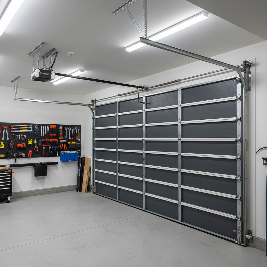 An Interior View Of A Garage Featuring Slide-To-Side Doors, Showcasing One Of The Specialized Types Of Garage Doors For Limited Ceiling Space. This Unique Project Was Led By Contractor Dmytro Shevchenko From Prime Garage Door Repair. The Door Panels Are Seen Sliding Horizontally Along A Side Wall Track Rather Than Lifting Upwards.