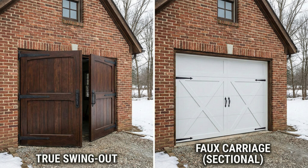A Side-By-Side Comparison Of Two Types Of Garage Doors Installed On A Classic Brick Building: A Dark Wood True Swing-Out Door And A White Faux Carriage (Sectional) Door. This Project Was Led By Contractor Dmytro Shevchenko Of Prime Garage Door Repair. The Image Highlights The Aesthetic Differences Between Traditional Outward-Swinging Wooden Doors With Iron Hinges And Modern Sectional Doors That Mimic A Vintage Carriage Look.