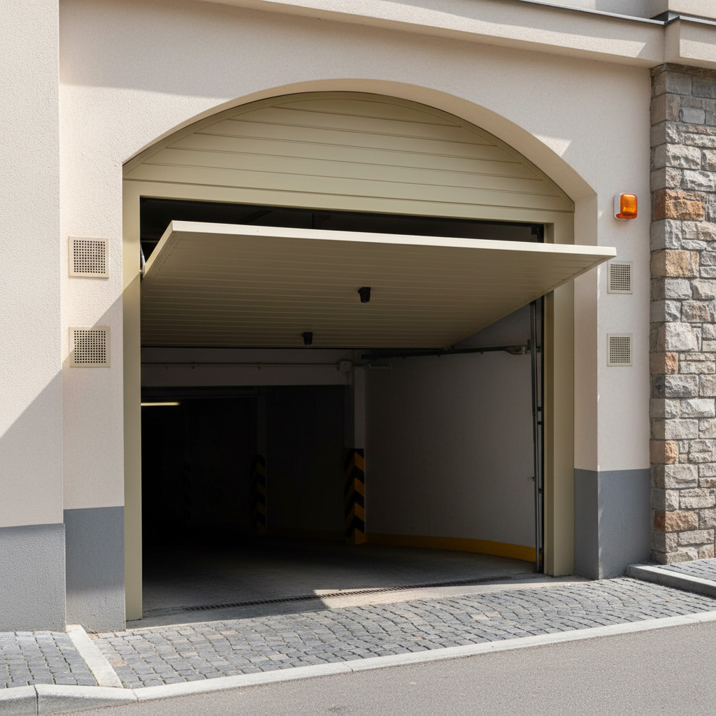 An Elegant Arched Garage Entryway Featuring A Light-Colored Tilt-Up / Canopy Door Partially Opened, Demonstrating Versatile Types Of Garage Doors. The Renovation Was Masterfully Led By Contractor Dmytro Shevchenko Of Prime Garage Door Repair. The Door Tilts Outward To Form A Canopy, Fitting Perfectly Within The Stone-Trimmed Arch