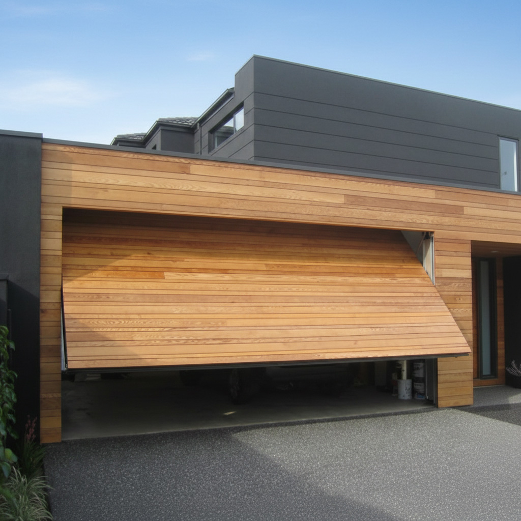 A Modern Home Featuring A Wooden Tilt-Up / Canopy Garage Door In Mid-Operation, Highlighting Efficient Types Of Garage Doors For Residential Use. The Project Was Led By Contractor Dmytro Shevchenko Of Prime Garage Door Repair. The Image Captures The Solid Wood-Panelled Door Pivoting Upwards, Illustrating A Classic Canopy-Style Opening Mechanism That Saves Interior Space.