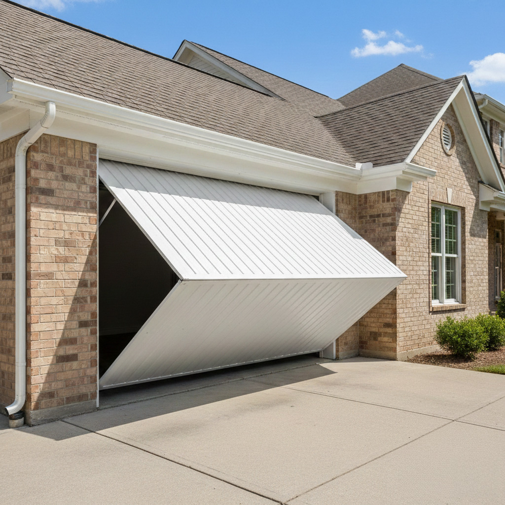 A Residential Home Featuring A Tilt-Up Canopy Door, Highlighting Space-Saving Types Of Garage Doors For Budget-Friendly Retrofits. The Installation Was Masterfully Led By Contractor Dmytro Shevchenko Of Prime Garage Door Repair. The Image Captures The Solid Door Panel Pivoting Upward To Form A Protective Overhang.