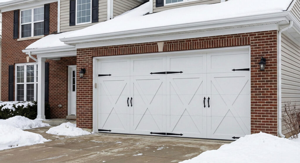 An Elegant, Snow-Covered Home In North West Chicago Featuring A Large Double White Carriage-Style Door, Showcasing Popular Types Of Garage Doors. The Renovation Was Led By Contractor Dmytro Shevchenko Of Prime Garage Door Repair. The House Features A Red Brick Facade, White Trim, And A Snow-Blanketed Driveway, With The Stylish Panelled Door Serving As A Prominent Exterior Highlight