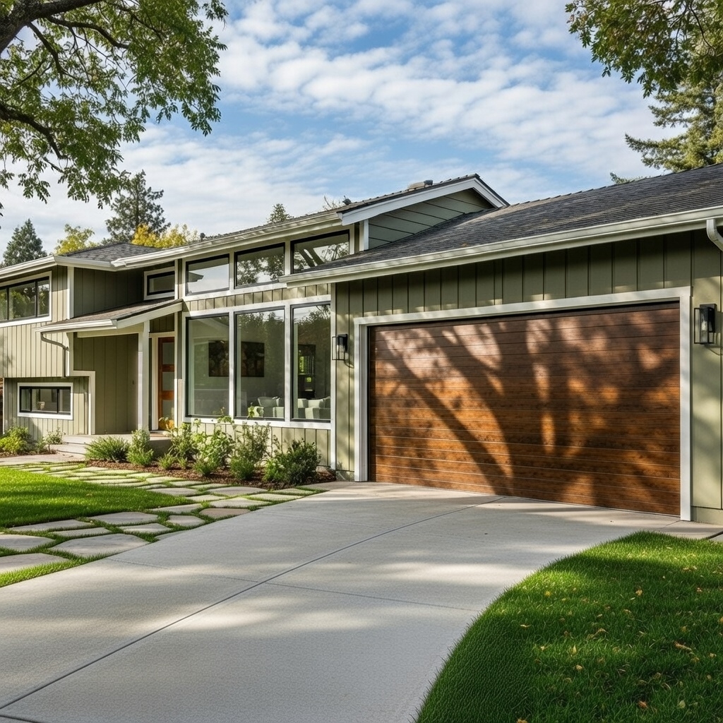 Modern Single-Car Garage Door With A Wood-Finish Design On A Contemporary Home, Professionally Installed By Lead Contractor Dmytro Shevchenko In North West Chicago.