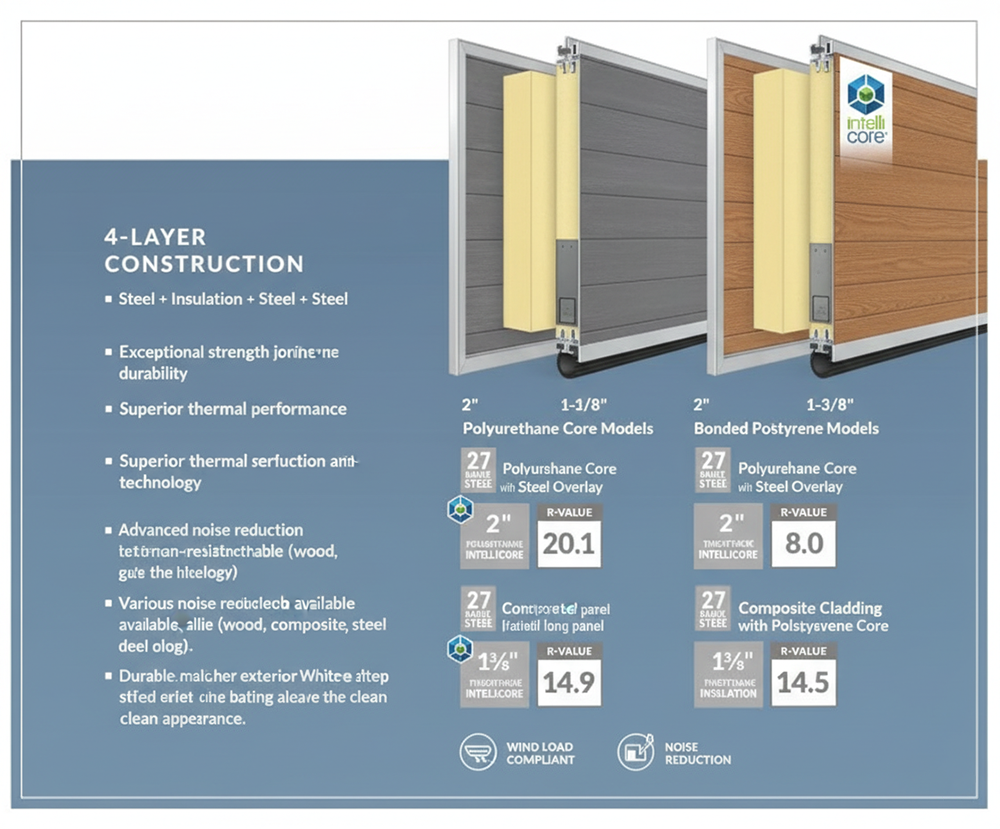 An Infographic Detailing &Quot;4-Layer Construction&Quot; For Garage Doors, Outlining Features Like Steel + Insulation + Steel + Steel, Exceptional Strength, Superior Thermal Performance, And Noise Reduction. It Showcases Cross-Sections Of 2&Quot; Polyurethane Core Models And 2&Quot; Bonded Polystyrene Models, Each With Their Respective R-Values (E.g., 20.1 For A 2&Quot; Polyurethane Core And 8.0 For A 2&Quot; Bonded Polystyrene). This Graphic Helps Illustrate Advanced Garage Door Options And Their Construction, A Key Offering From Lead Contractor Dmytro Shevchenko In North West Chicago.
