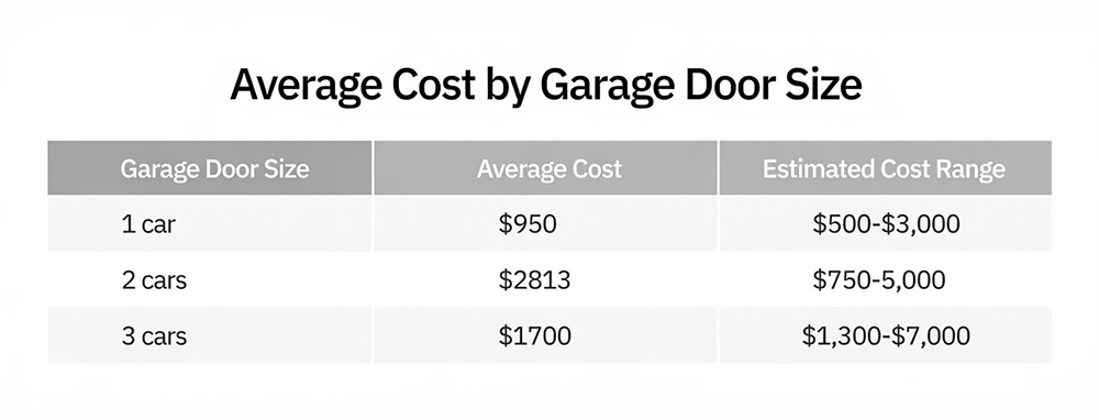 Pricing Table Displaying The Average Cost And Estimated Ranges For 1-Car, 2-Car, And 3-Car Garage Door Sizes, Serving As A Cost Guide Provided By Lead Contractor Dmytro Shevchenko For Homeowners In North West Chicago.