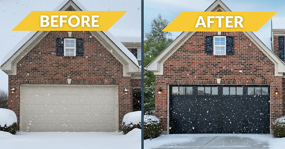 Before And After Comparison Showing A Plain White Door Replaced With A Modern Black Carriage-Style Design, Illustrating Transformative Garage Door Options Provided By Lead Contractor Dmytro Shevchenko For A Home In North West Chicago.