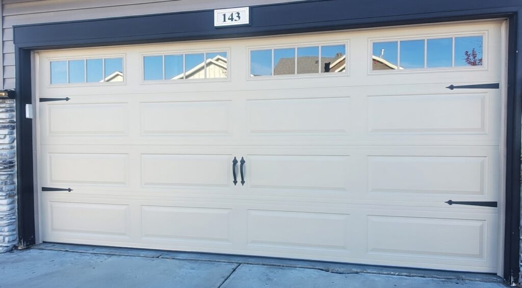 Beige Carriage-Style Garage Door Featuring Upper Windows And Decorative Black Hardware, Installed By Lead Contractor Dmytro Shevchenko In North West Chicago.