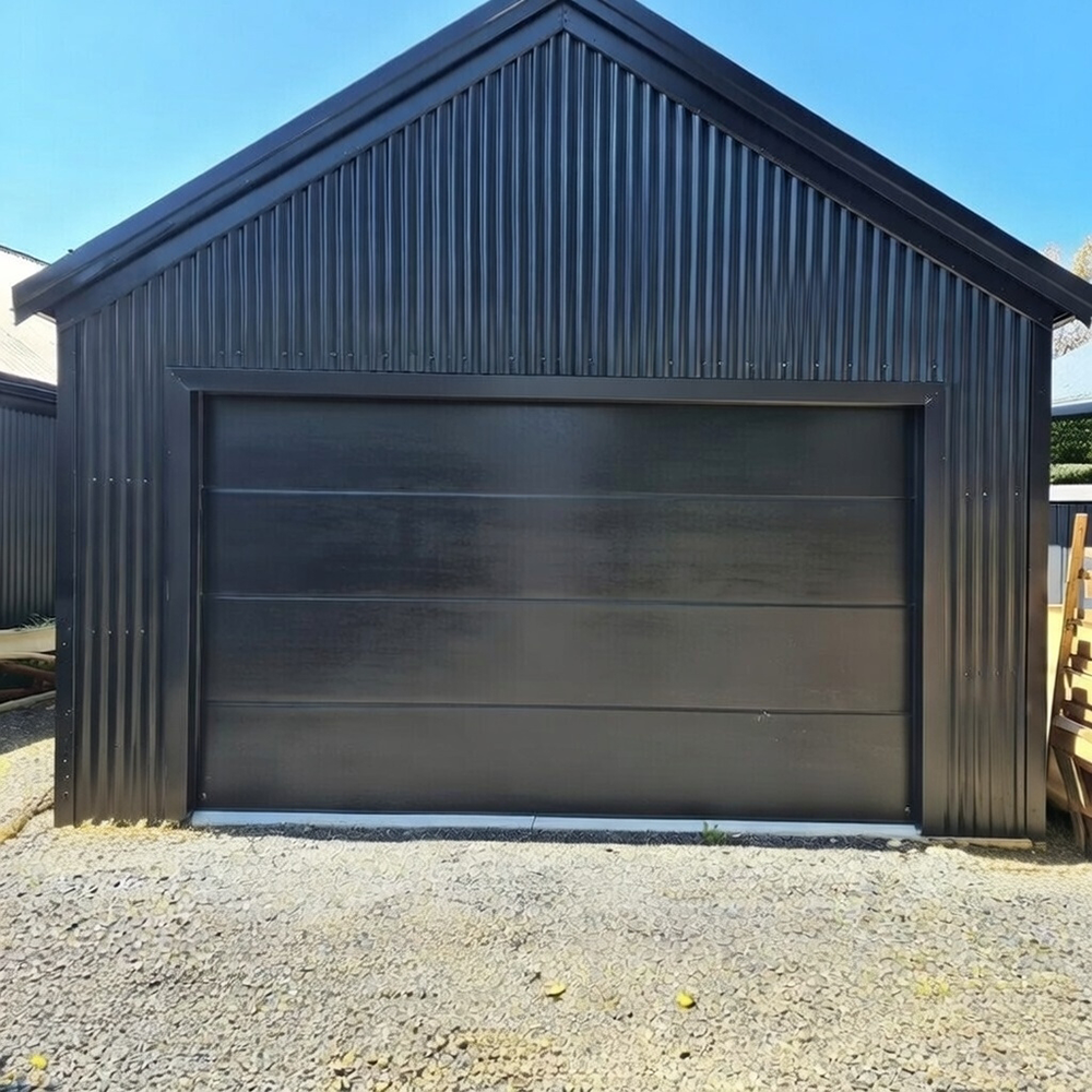 Detached Black Corrugated Insulated Metal Structure Featuring A Matching Sleek Black Flat-Panel Garage Door, Installed By Lead Contractor Dmytro Shevchenko In North West Chicago.