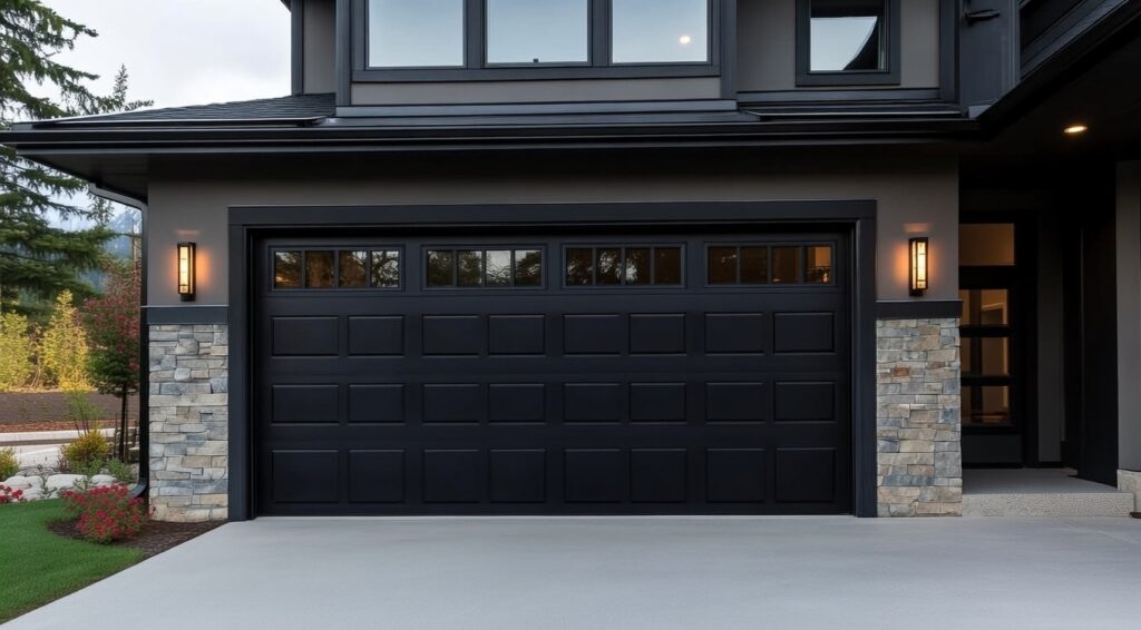 Elegant Home Exterior Featuring A Black Raised-Panel Design With Upper Windows As An Example Of Premium Garage Door Options, Installed By Lead Contractor Dmytro Shevchenko In North West Chicago.