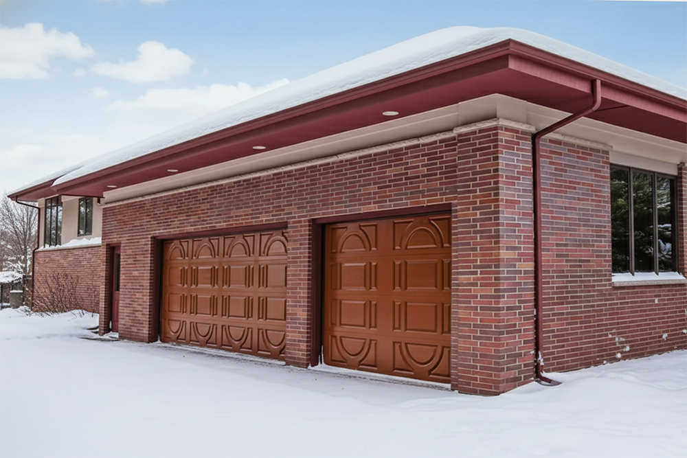 A Red Brick Home Featuring Two Brown Raised-Panel Garage Doors With Unique Geometric Designs, Surrounded By A Snowy Winter Landscape. This Installation Highlights The Distinct And Durable Garage Door Options Provided By Lead Contractor Dmytro Shevchenko For Properties In North West Chicago.