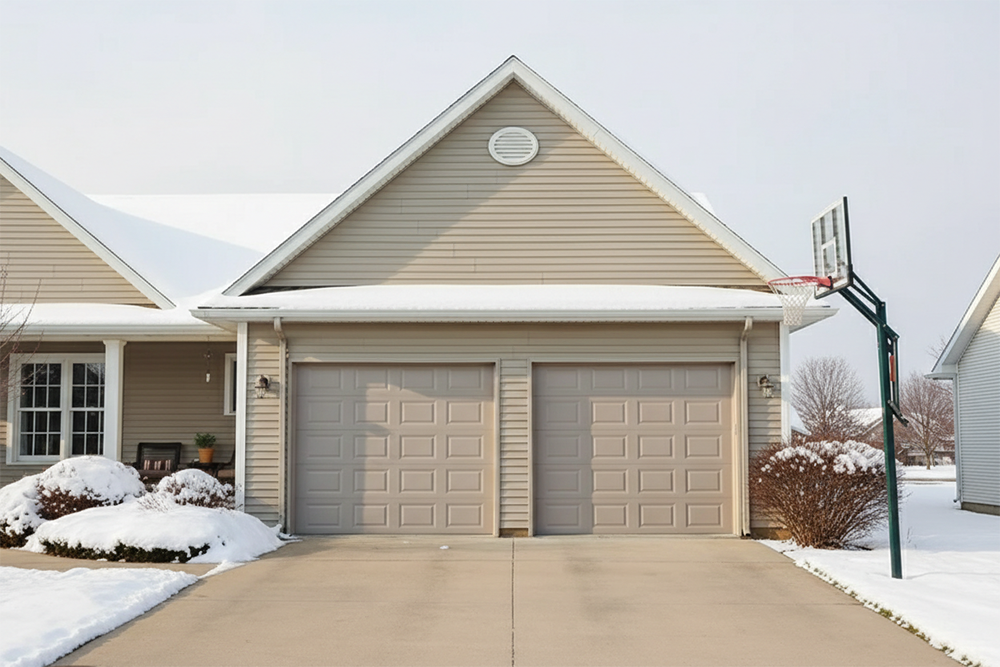 A Suburban Home Featuring Two Classic Beige Sectional Garage Doors Set Against A Snowy Winter Landscape With A Basketball Hoop In The Driveway. This Residence Demonstrates Reliable Residential Garage Door Options Installed By Lead Contractor Dmytro Shevchenko For Homeowners In North West Chicago.