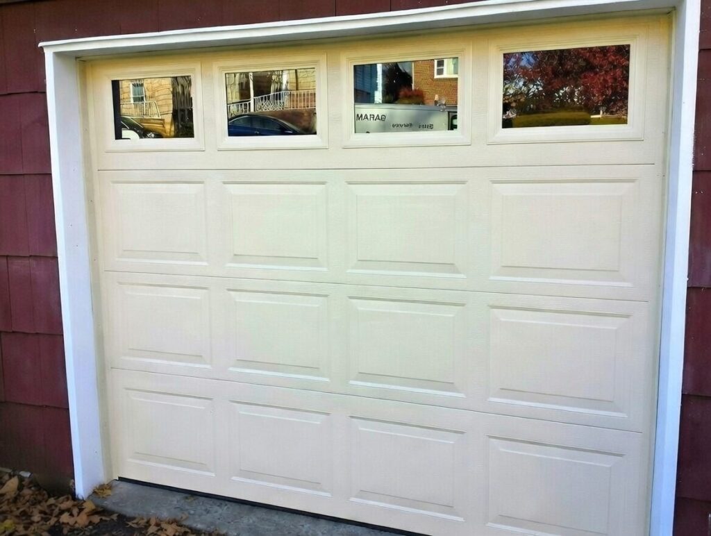Classic Cream-Colored Raised-Panel Garage Door Featuring Top-Row Windows And White Trim, Installed By Lead Contractor Dmytro Shevchenko In North West Chicago.
