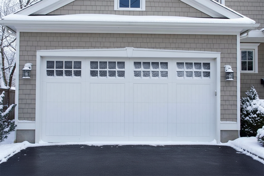 A Traditional White Carriage-Style Garage Door With Frosted Upper Windows On A Beige Shingle-Sided Home, Surrounded By A Winter Snow Scene. This Installation Highlights The Classic And Durable Garage Door Options Provided By Lead Contractor Dmytro Shevchenko For Homeowners In North West Chicago.