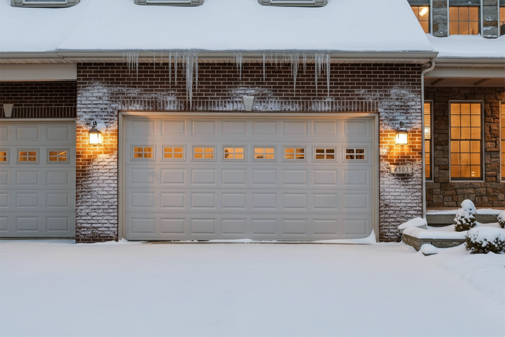 A Traditional White Sectional Garage Door With Small Upper Windows Set In A Red Brick Facade, Illuminated By Warm Exterior Lights On A Snowy Winter Evening. This Scene Exemplifies The Durable And Classic Garage Door Options Available From Lead Contractor Dmytro Shevchenko For Homes In North West Chicago.