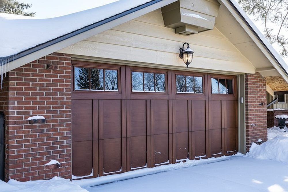 A Classic Wood-Tone Carriage-Style Garage Door Featuring Upper Windows And Vertical Plank Detailing, Installed On A Red Brick Home During A Snowy Winter. This Installation Highlights The Premium Garage Door Options Available From Lead Contractor Dmytro Shevchenko For Homeowners In North West Chicago.