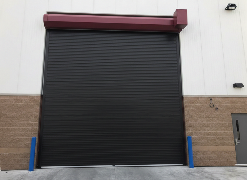 A Large, Black Commercial Roll-Up Garage Door With A Prominent Red Header Box And Blue Safety Bollards. This Project Highlights The Heavy-Duty Garage Door Options Provided By Lead Contractor Dmytro Shevchenko For Commercial Properties In The North West Chicago Area