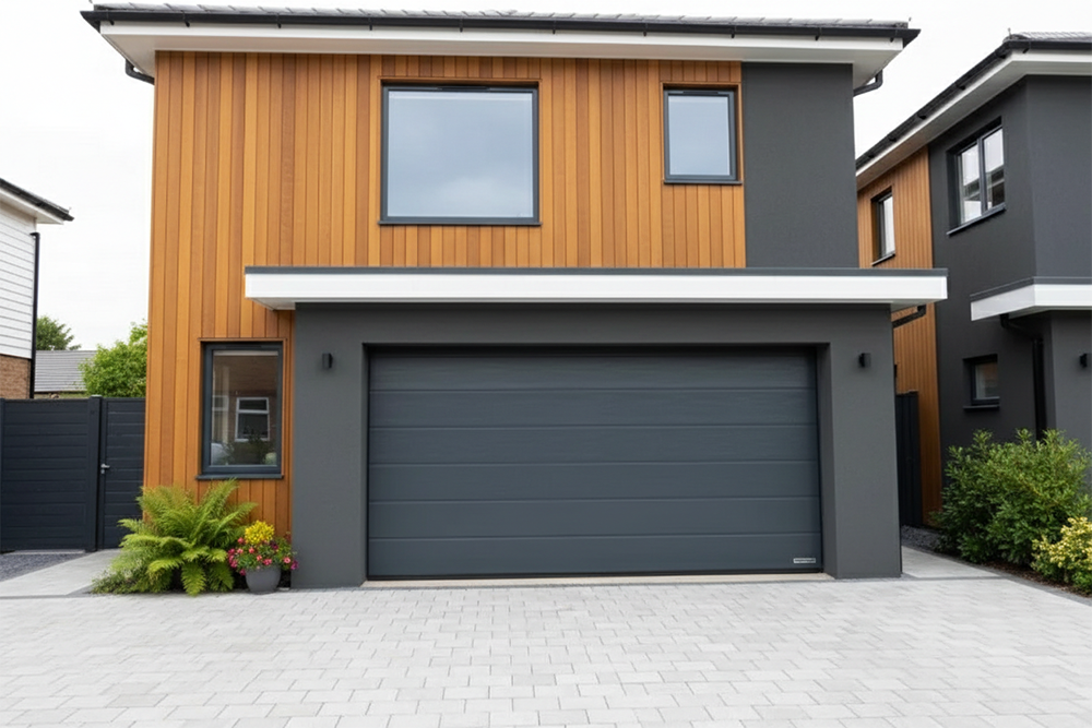 A Contemporary Dark Grey Sectional Garage Door Installed On A Modern Home With Wood Paneling, Showcasing High-Quality Garage Door Options Provided By Lead Contractor Dmytro Shevchenko In The North West Chicago Area.
Title: