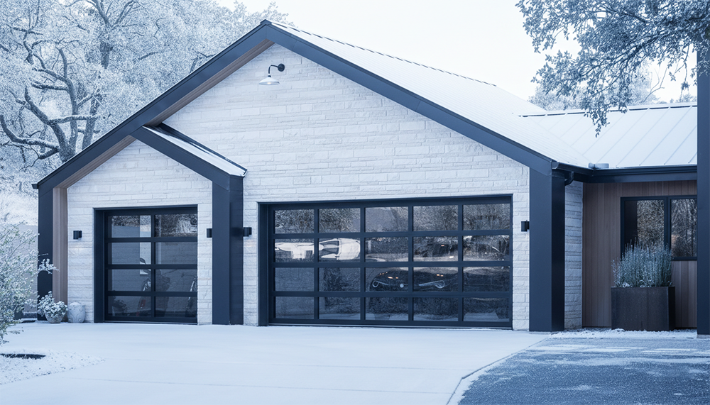 A Contemporary White Stone Home Featuring Sleek, Black-Framed Full-View Glass Garage Doors Set Against A Snowy Winter Backdrop. This Design Exemplifies The Modern Garage Door Options Offered By Lead Contractor Dmytro Shevchenko For Homeowners In North West Chicago.