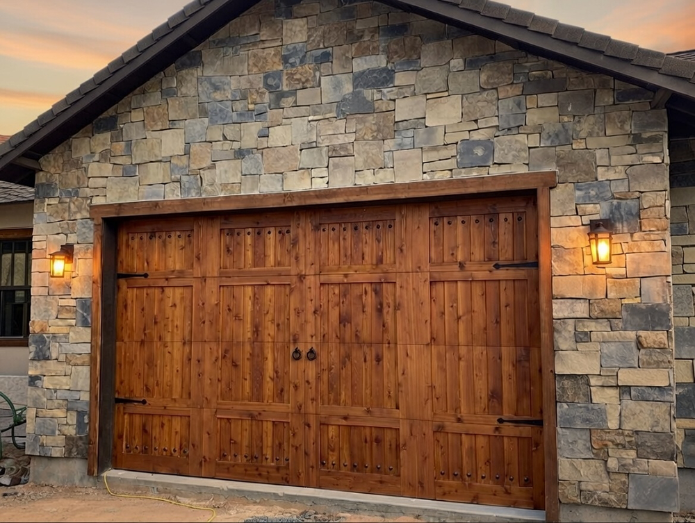 Style Garage Doors: 2026 Guide To Popular Designs &Amp; Trends For Chicago Homes Rustic Wooden Design With Decorative Iron Hardware Set Against A Stone Exterior, Showcasing Custom Garage Door Options Installed By Lead Contractor Dmytro Shevchenko In North West Chicago.