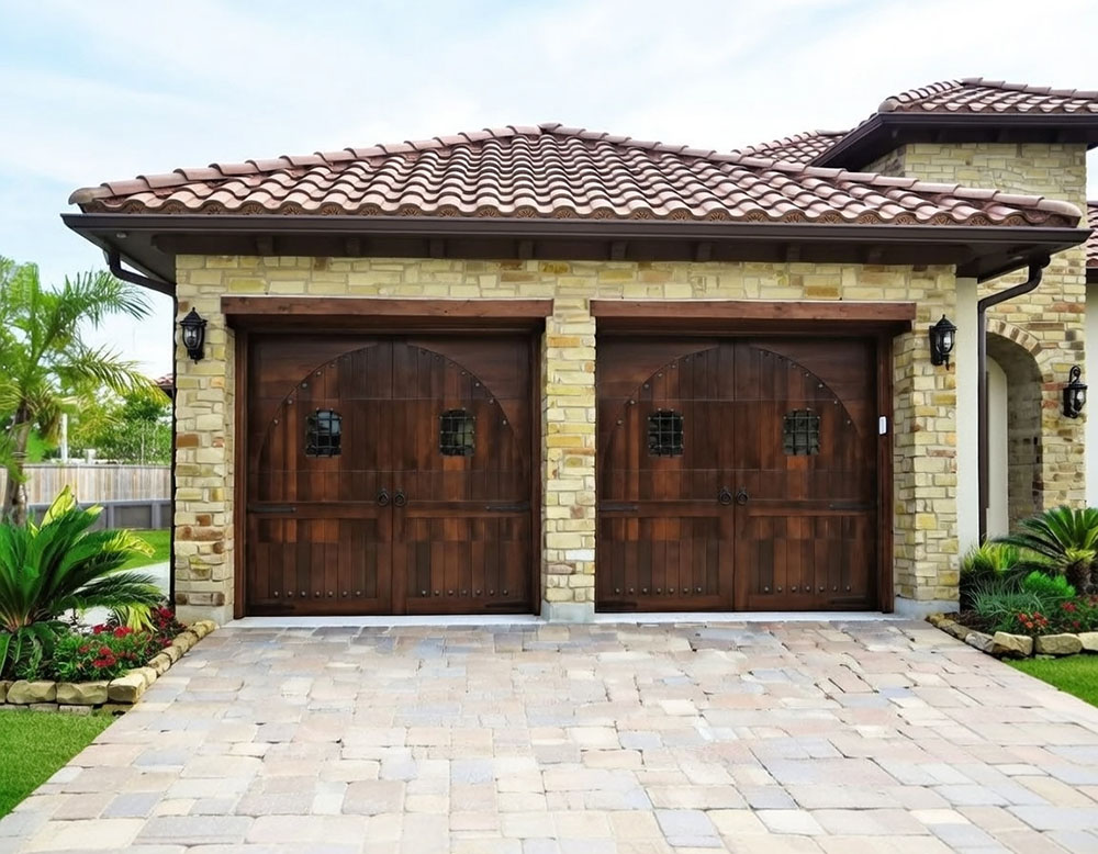 Style Garage Doors: 2026 Guide To Popular Designs &Amp; Trends For Chicago Homes Stone Home Exterior Featuring Dark Wood Arched Designs With Iron Accents As Custom Garage Door Options, Installed By Lead Contractor Dmytro Shevchenko In North West Chicago.