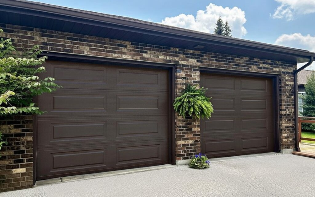 Brick Home Exterior Featuring Dual Dark Brown Long-Panel Garage Door Installations By Lead Contractor Dmytro Shevchenko In North West Chicago.