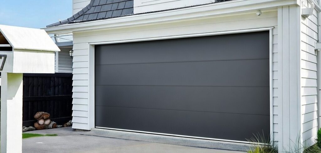 Modern White Home Exterior Featuring A Sleek Dark Gray Flat-Panel Garage Door, Installed By Lead Contractor Dmytro Shevchenko In North West Chicago.